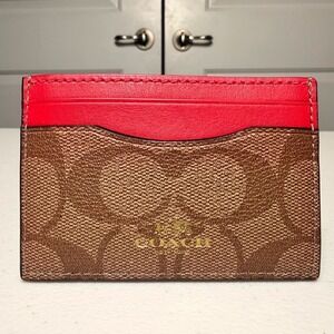 Coach Signature Card Case Wallet Brown Canvas Red Leather Gold Logo Slim